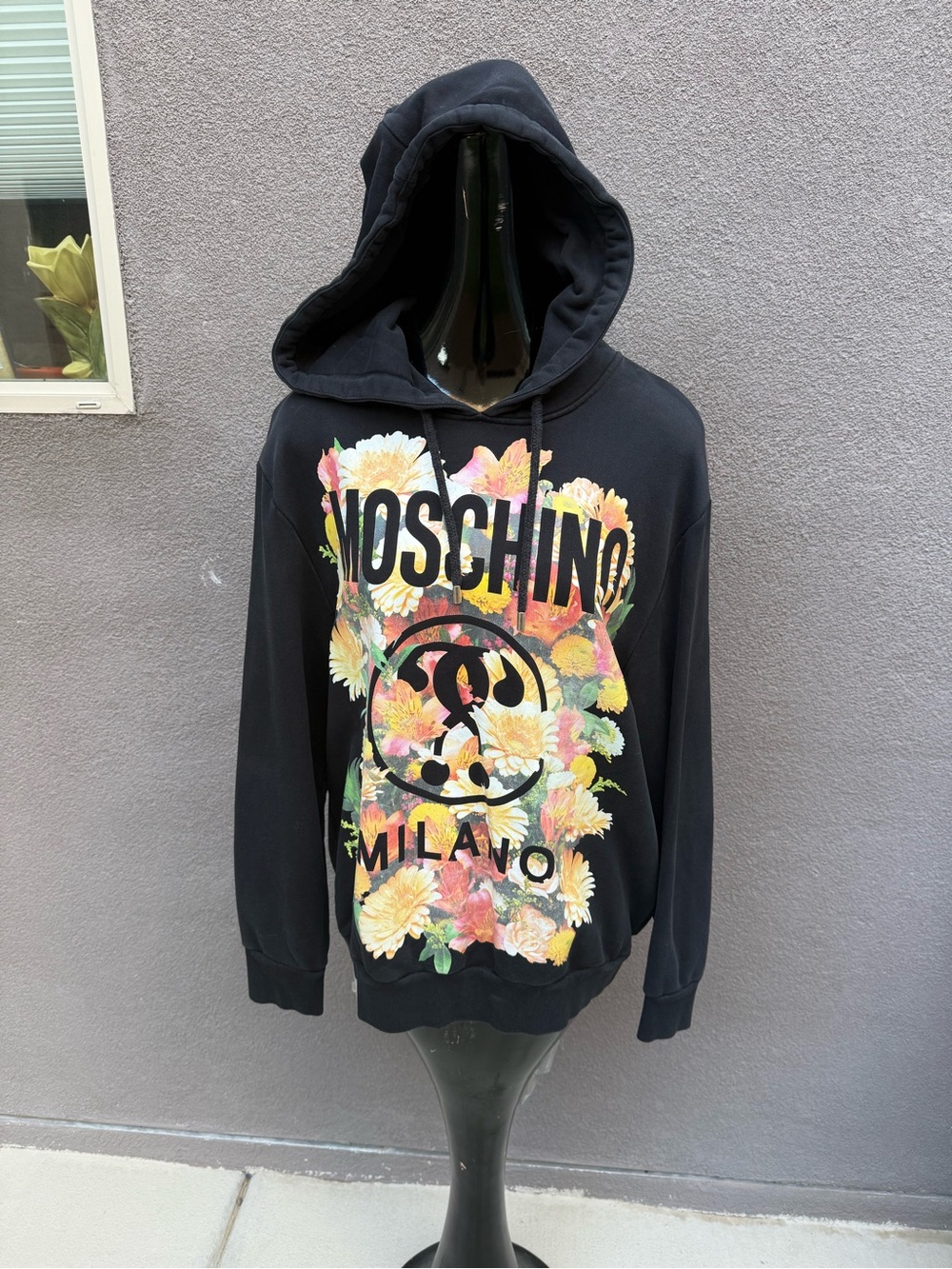 Moschino Couture Milano Floral Graphic Logo Hoodie Sweatshirt Black USA
